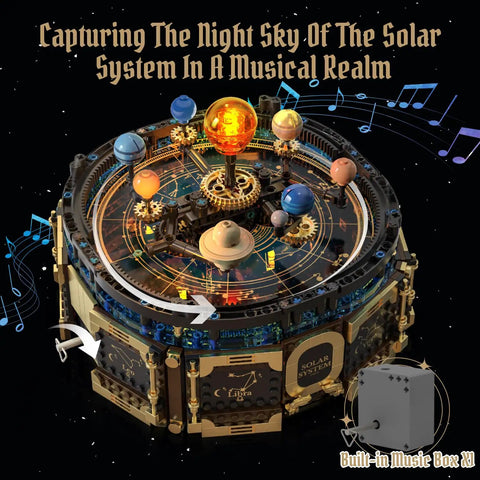 Totally Kid Friendly Solar System Building Kit For Ages 8 To 12 With 967 Pieces STEM Project Gear Driven Orrery Glowing Sun Rotating Planets 360 Clear Dome Music Box Transparent Dome Desk Decor For Boys And Girls, top view