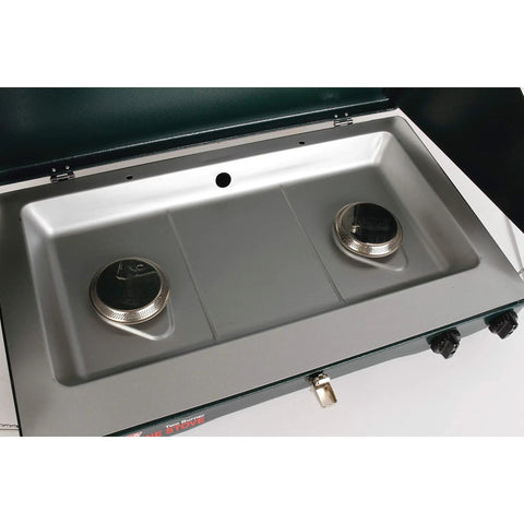 Top view of a two-burner propane camping stove with 20,000 BTU output, wind block panels, and pressure regulator, fits 10 and 12 inch pans.