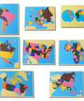 Montessori Wooden World Map Puzzle Set 23 Inch, 8 Geography Puzzles World USA Canada Europe Asia Africa North And South America With Control Cards, Kid Friendly Gift For Kids And Homeschool Learning Materials displayed