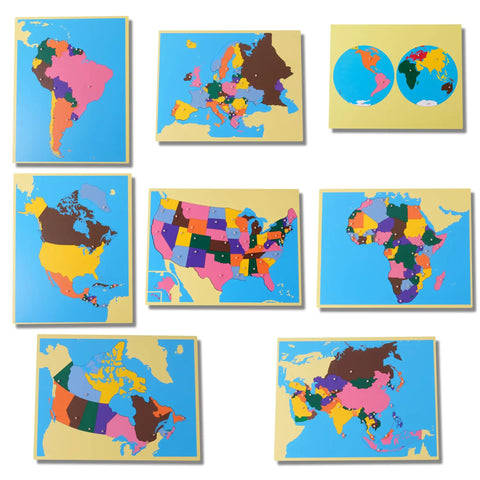 Montessori Wooden World Map Puzzle Set 23 Inch, 8 Geography Puzzles World USA Canada Europe Asia Africa North And South America With Control Cards, Kid Friendly Gift For Kids And Homeschool Learning Materials displayed