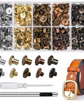 Straight-Up Chicago Studs Leather Crafting Kit With Heavy-Duty Punch Tools And Precision Screwdrivers And 100 Piece Multi-Color Binding Screw Set For Badass Diy Projects with assorted metal screws and tools.