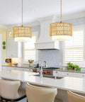 Super Chic Handwoven Rattan Plug In Pendant Light With Nifty Inline Dimmer And Removable Double Drum Shades For Low Key Cool Boho Kitchen Island Home Decor Flex in stylish kitchen setting.