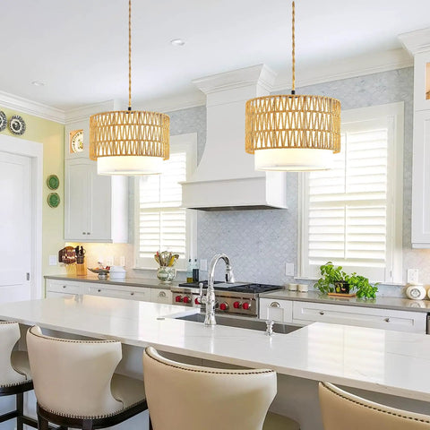 Super Chic Handwoven Rattan Plug In Pendant Light With Nifty Inline Dimmer And Removable Double Drum Shades For Low Key Cool Boho Kitchen Island Home Decor Flex in stylish kitchen setting.