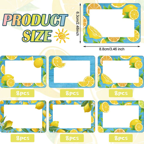 Lemon Themed Classroom Name Tags Set Of 48 Self Adhesive Desk Nameplates with large writing area, blue and yellow lemon designs.