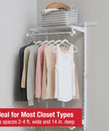 Custom Closet Kit With Adjustable Metal Wire Shelving Expands From 2 To 4 Feet White Finish Includes Hardware For Home Closet Pantry Laundry And Mudroom Organization No Brainer Install showing clothes hanging and basket on shelf