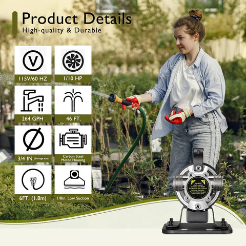 Woman using 115V Water Transfer Pump For Home Use, Portable Electric Utility Moves Water Up To 264 Gallons Per Hour with features displayed