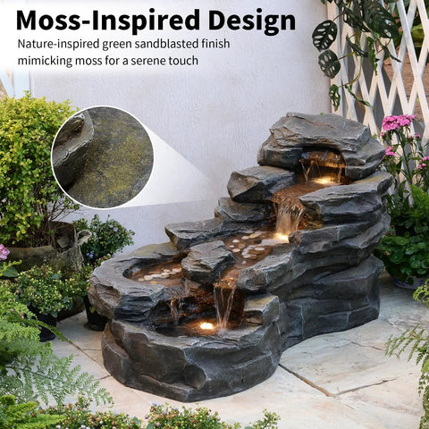 Epic 37 Inch Outdoor Floor Standing Five Tier Rock Waterfall Fountain With LED Lights for patio decor