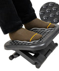 Under Desk Foot Rest For Ergonomic Comfort, Height Adjustable From 3.25 To 6.25 Inches, Massage Textured Surface To Prevent Slippage, 17 Inches Long, 13 Inches Wide, Plastic Black Office Foot Rest For Healthy, Relaxed Feet At Work with black socks on massage surface