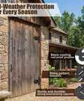Large wooden barn door with black Eight Pack 4.5 Inch Antique Cast Iron T Hinges, outdoors with rustic stone wall backdrop.