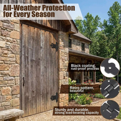 Large wooden barn door with black Eight Pack 4.5 Inch Antique Cast Iron T Hinges, outdoors with rustic stone wall backdrop.
