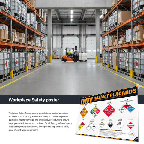 Warehouse with forklift and Hazmat Placards Poster Must Have 49 CFR 172 Identification Chart Class 1 To 9 Dangerous Goods Reference
