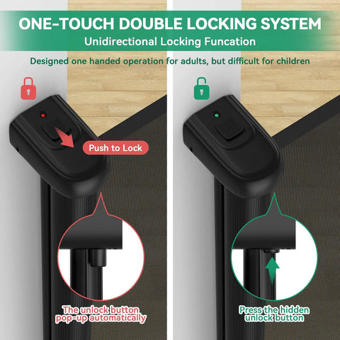 One-touch locking system on retractable baby gate for stairs and doorways, showing secure fit with easy pull retract feature.