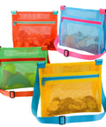 Mesh Beach Bags For Shells Collecting 4 Pack in orange, blue, green, and yellow, with adjustable straps and quick-dry material.