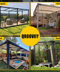 Four outdoor projects using 5 Way Right Corner Pegola Bracket Kit For 4x4 Lumber Diy Gazebo Pergola Construction With Hardware Heavy Duty 14 Gauge Steel Corner Brackets For Patio Outdoor Projects Log Cabin 1 Pack.