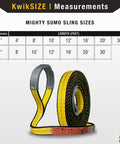 Image showing various Mighty Sumo sling sizes and a yellow and black web sling for Beefy Heavy Duty 1x4 Poly Web Sling Two Pack Lifting Strap
