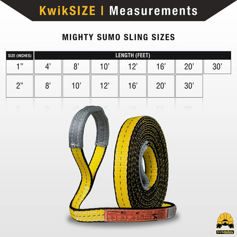 Image showing various Mighty Sumo sling sizes and a yellow and black web sling for Beefy Heavy Duty 1x4 Poly Web Sling Two Pack Lifting Strap
