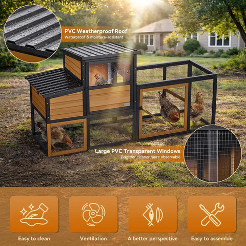 Wooden Chicken Coop For 2 To 4 Chickens With Run And 2 Nesting Boxes 2 Roost Bars PVC Windows Weather Resistant Roof Easy Clean 3 Door Access Ground Stakes Backyard Poultry Setup Cozy Family Friendly