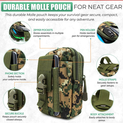 Durable Molle pouch from All In One 67 Piece 14 In 1 Outdoor Survival Gear Kit with compartments and straps for secure gear storage.