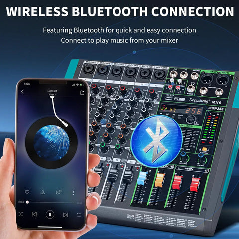 Bluetooth connected MX6 6 Channel USB Audio Mixer Dope Studio Console With 48V Phantom Power and 256 DSP Effects for live streams