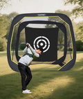 Golfer practicing with Golf Pop Up Practice Net 6X6X3Ft Portable For Backyard Garage Training And Driving Range Use Dope Nylon Netting