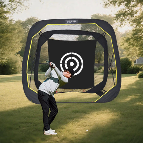 Golfer practicing with Golf Pop Up Practice Net 6X6X3Ft Portable For Backyard Garage Training And Driving Range Use Dope Nylon Netting