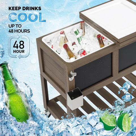 80 Qt Rolling Patio Cooler With Bottle Opener And Shelf For Backyard Hangouts And Gatherings, ice chest with bottles in ice