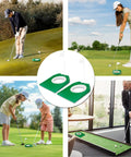 Putting Green Indoor Set Two Pack With Cups And White Flag Portable Golf Practice Kit in use by various individuals indoors and outdoors.