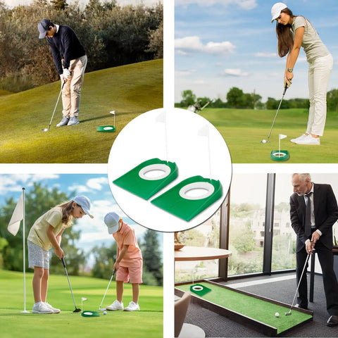 Putting Green Indoor Set Two Pack With Cups And White Flag Portable Golf Practice Kit in use by various individuals indoors and outdoors.