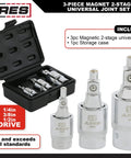 Magnetic 2-Stage Universal Joint Set For One Quarter, Three Eighths, And One Half Inch Drive Sockets - 3-Piece Swivel Adapters With Quick Switch Ball Spring Design, Durable Case, Perfect For Tight Spots And Hard-To-Reach Fasteners; 3-piece set in case