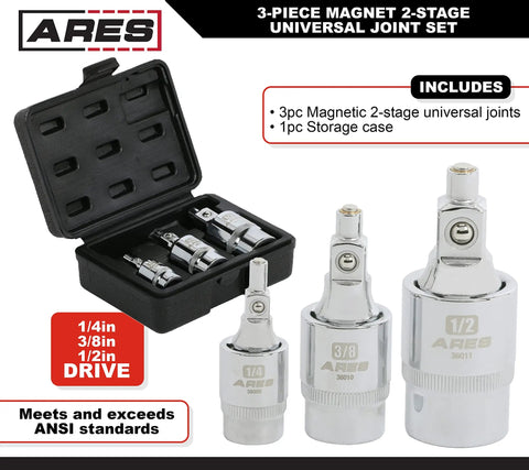 Magnetic 2-Stage Universal Joint Set For One Quarter, Three Eighths, And One Half Inch Drive Sockets - 3-Piece Swivel Adapters With Quick Switch Ball Spring Design, Durable Case, Perfect For Tight Spots And Hard-To-Reach Fasteners; 3-piece set in case