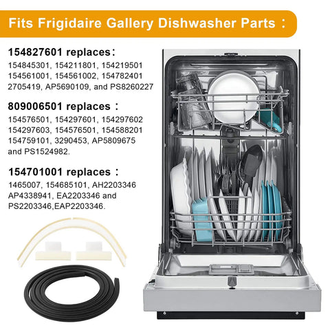 Open dishwasher showcasing Dishwasher Door Seal Kit Replacement For Frigidaire Kenmore Electrolux And Crosley Includes Door Gasket 154827601, Lower Seal 809006501, Splash Shield 154701001 For A Precise Fit And Quiet, Durable Repair with parts shown