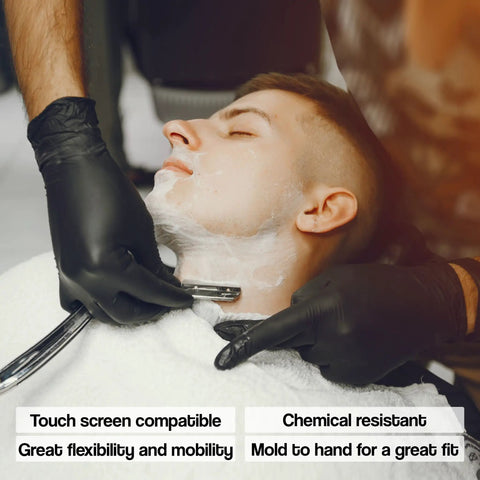 Barber shaving client with Level 3 Nitrile Gloves For Pro Work, Heavy Duty Disposable, Latex Free, Textured Fingertips For A Grip You Can Feel