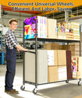 No Sweat Heavy Duty Metal Rolling Cart For Cardboard Box Storage with smooth casters, being pushed with various boxes stacked.