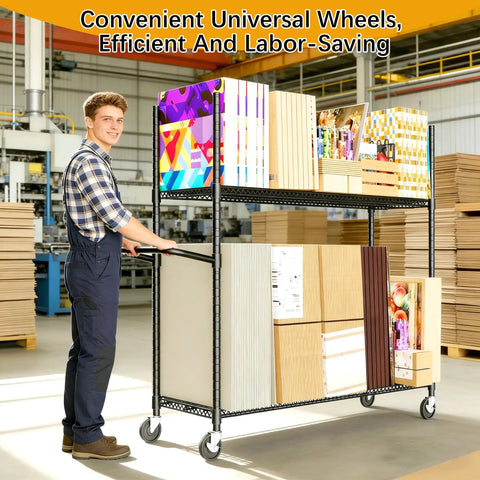 No Sweat Heavy Duty Metal Rolling Cart For Cardboard Box Storage with smooth casters, being pushed with various boxes stacked.