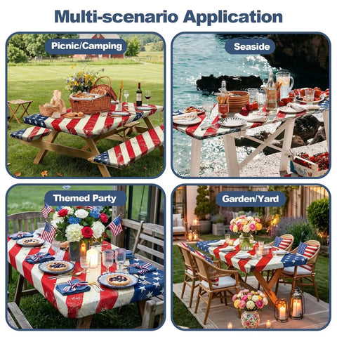 Vintage American Flag Picnic Table Cover Set With Bench Covers, Waterproof 72 By 30 Inch Outdoor Tablecloth in various settings