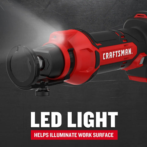 Close-up of Tough 20V Max Cordless Cut Out Tool Rips Through Drywall And Plasterboard Without Missing A Beat, LED light feature.