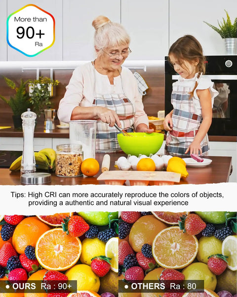 Woman and child cooking with fruits under Cob LED Strip Lights Dope Cool White 32.8ft 5000K Ra 90 Plus High Density Tape Light 24V