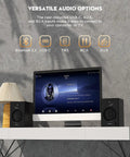 60W Desktop Stereo Speakers With Bluetooth 5.3 For Gaming And Music next to computer screen on office desk