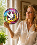 Woman holding Dove Acrylic Sun Catcher Puzzle Kit For Doors Garden And Window Hanging, Easy DIY Assembly, 7.4 Inch Clear Craft Kit