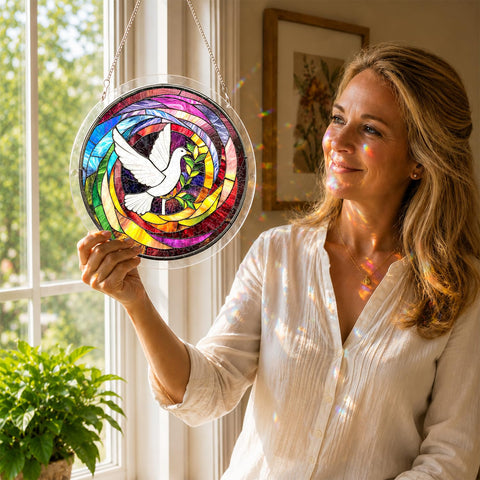 Woman holding Dove Acrylic Sun Catcher Puzzle Kit For Doors Garden And Window Hanging, Easy DIY Assembly, 7.4 Inch Clear Craft Kit