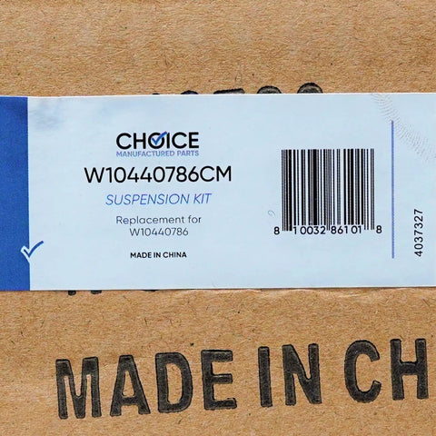 Label on cardboard box for Choice suspension kit, model W10440786CM, replacement for W10440786, made in China.