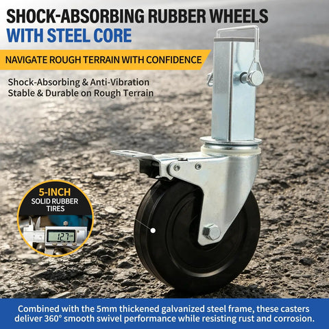 No Nonsense Heavy Duty Scaffolding Casters 5 Inch With Dual Lock Brakes 4 Pack showing rubber wheel with steel core for rough terrain.