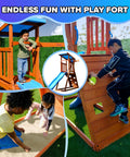 Kids playing on the Backyard Cedar Outdoor Swing Playset With Two Belt Swings, Fort With Sloped Roof, Sandbox, 6 Foot Slide.