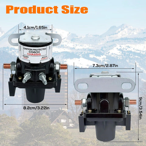 Battery Disconnect Relay 12V 100A Magnetic Latching With Fuses for RV and Marine Use front and side dimensions