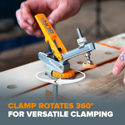 Badass Auto Adjust T Track Clamp Built For Standard 5 16 Inch T Slot with 360 degree rotation shown in use.