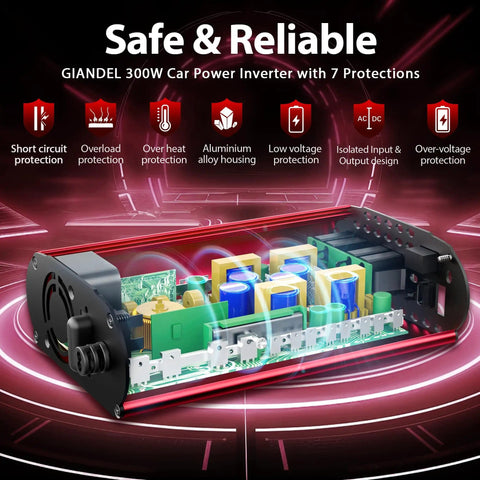 300W Pure Sine Wave Car Power Inverter With PD 30W Type C And QC 3.0 USB internal components and safety protections
