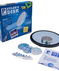 Euler's Disk Kinetic Toy With Interchangeable Foils for a hypnotic display, showing box, disks, foils, and mirrored base.