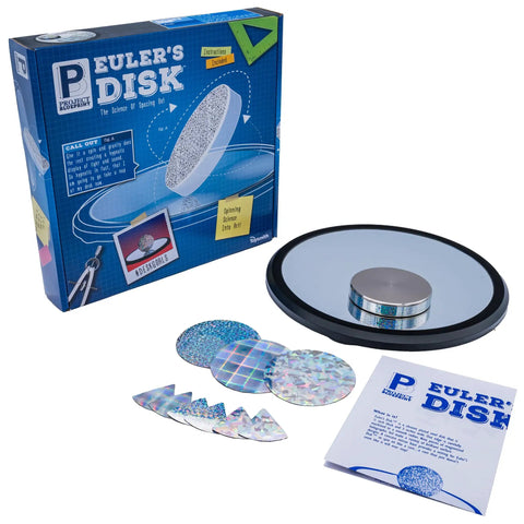 Euler's Disk Kinetic Toy With Interchangeable Foils for a hypnotic display, showing box, disks, foils, and mirrored base.