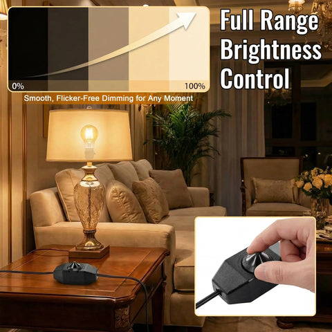 Two Pack Upgraded Inline Dimmer Switch For Lamp Cord Black Super Simple Hookup And Total Vibe Power Control Plus No Fuss Wiring For Modern Indoor Table Lamp Fixtures, shown on a table with a lamp.