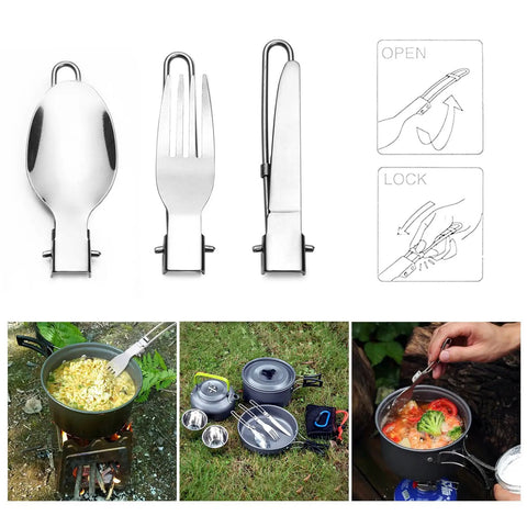 Lightweight Camping Cookware Mess Kit Gear with pot, pan, kettle, two cups, utensils for backpacking, hiking, and picnics stainless steel set